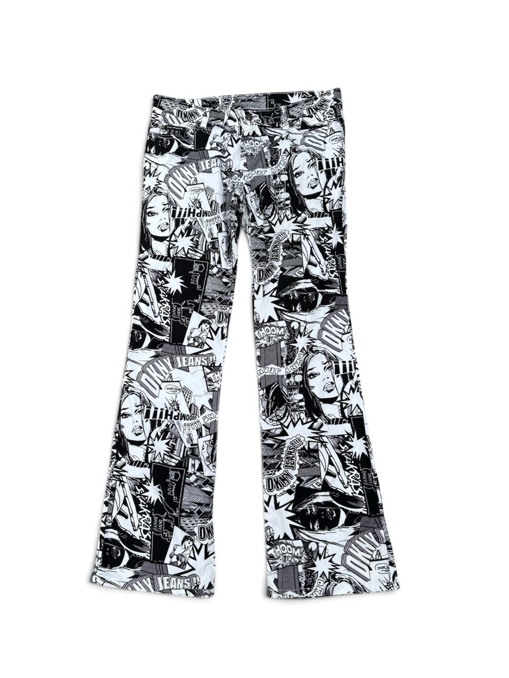 DKNY Y2K Low Rise Flare Jeans Graphic Comic Print Denim